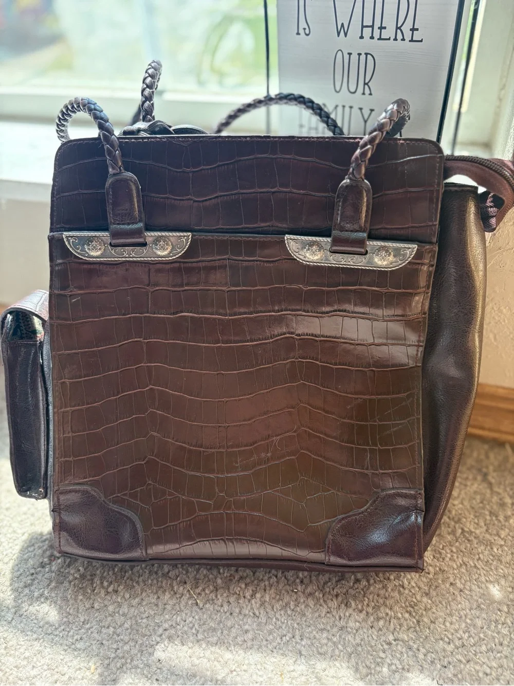 Western Croc Embossed Tote Brown Concho Braided Handle Y2K Cowgirl Purse